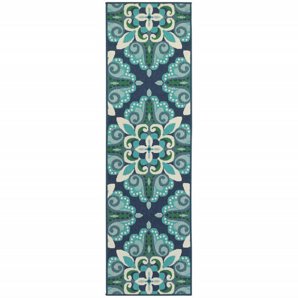 2?x8? Blue and Green Floral Indoor Outdoor Runner Rug