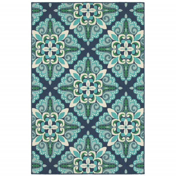 7?x10? Blue and Green Floral Indoor Outdoor Area Rug