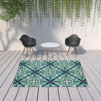 7?x10? Blue and Green Floral Indoor Outdoor Area Rug