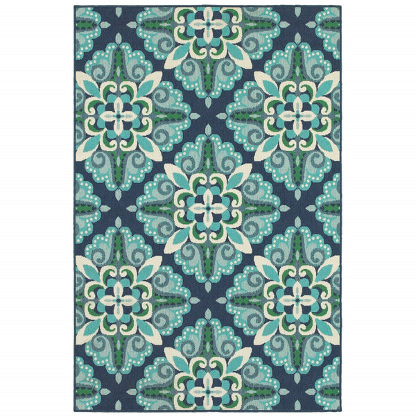 8?x11? Blue and Green Floral Indoor Outdoor Area Rug