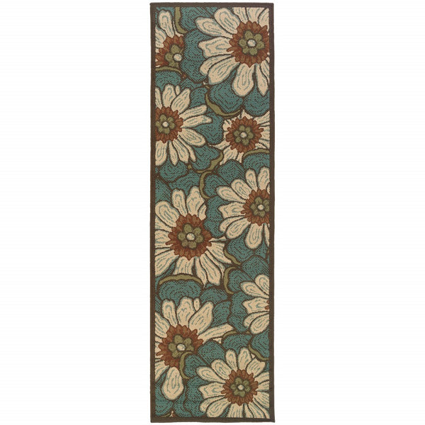 8?x11? Blue and Brown Floral Indoor Outdoor Area Rug