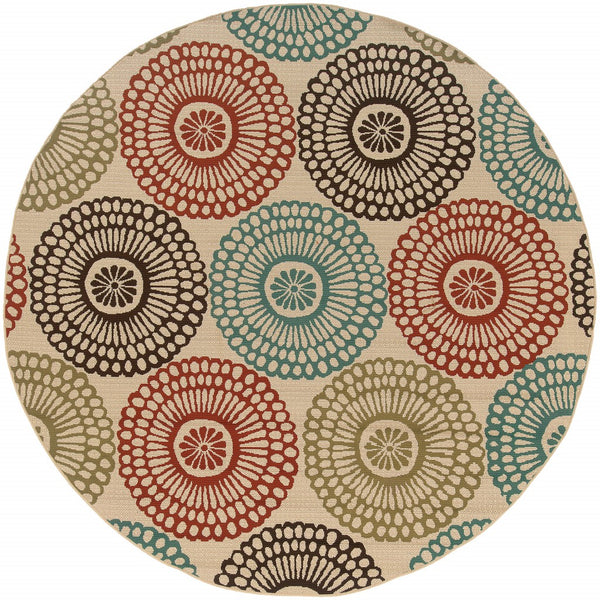 8? Round Beige and Blue Medallion Indoor Outdoor Area Rug