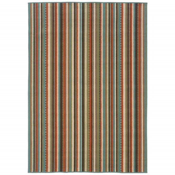 7?x10? Green and Brown Striped Indoor Outdoor Area Rug