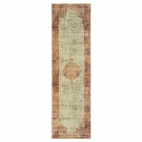 2?x8? Ivory and Pink Medallion Runner Rug