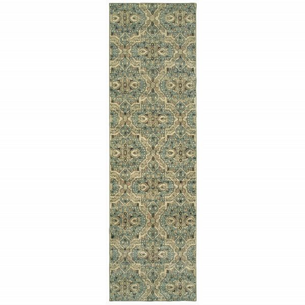 2?x8? Ivory and Blue Geometric Runner Rug