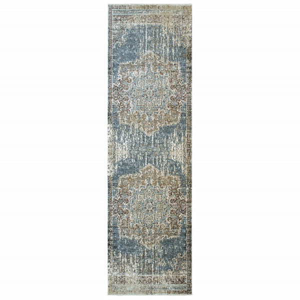 2?x8? Blue and Ivory Medallion Runner Rug