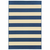 8?x11? Blue and Ivory Striped Indoor Outdoor Area Rug