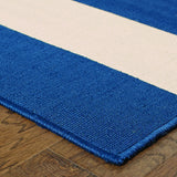 8?x11? Blue and Ivory Striped Indoor Outdoor Area Rug