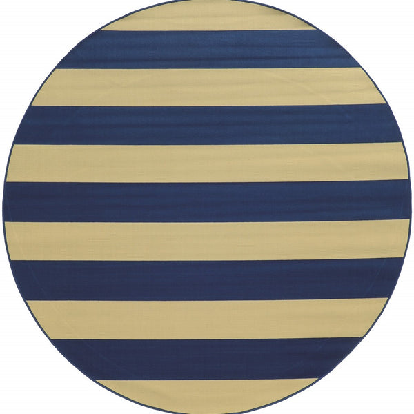 8? Round Blue and Ivory Striped Indoor Outdoor Area Rug