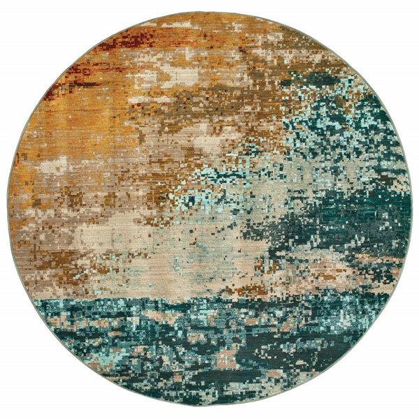 8? Round Blue and Red Distressed Area Rug