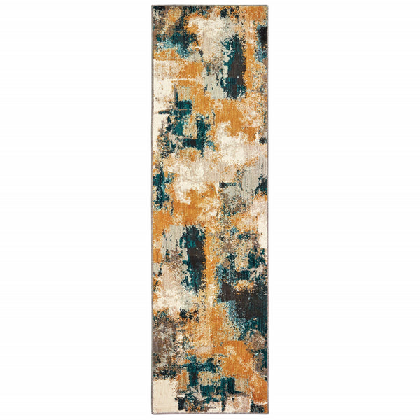 2?x8? Blue and Gold Abstract Strokes Runner Rug