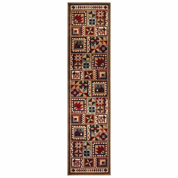 2?x8? Brown and Red Ikat Patchwork Runner Rug