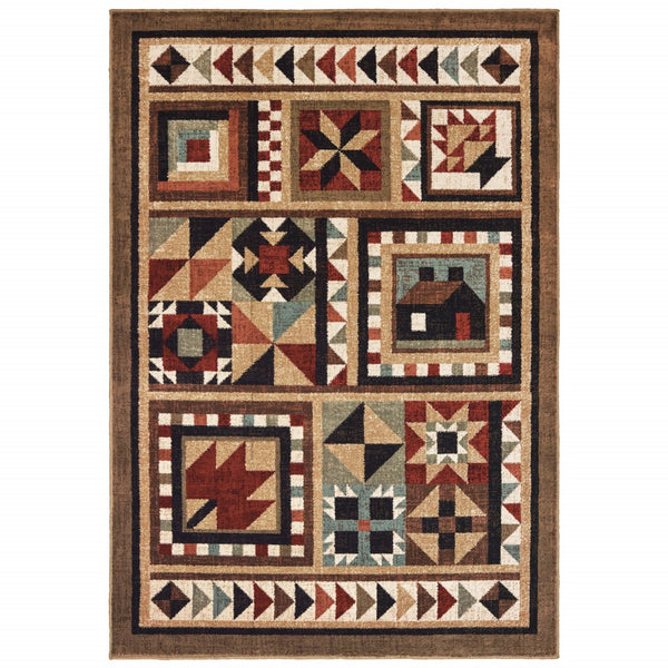 7?x9? Brown and Red Ikat Patchwork Area Rug