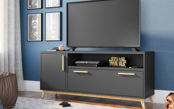 Modern Black and Natural Long Door TV Stand