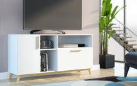 Modern White and Natural Asymmetrical TV Stand
