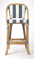 Blue and White Striped Rattan Bar Stool