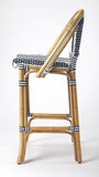 Blue and White Striped Rattan Bar Stool