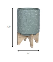 Leaf Pattern Green Planter with Wooden Base