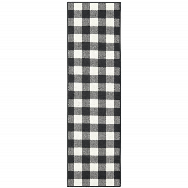 2?x8? Black and Ivory Gingham Indoor Outdoor Runner Rug