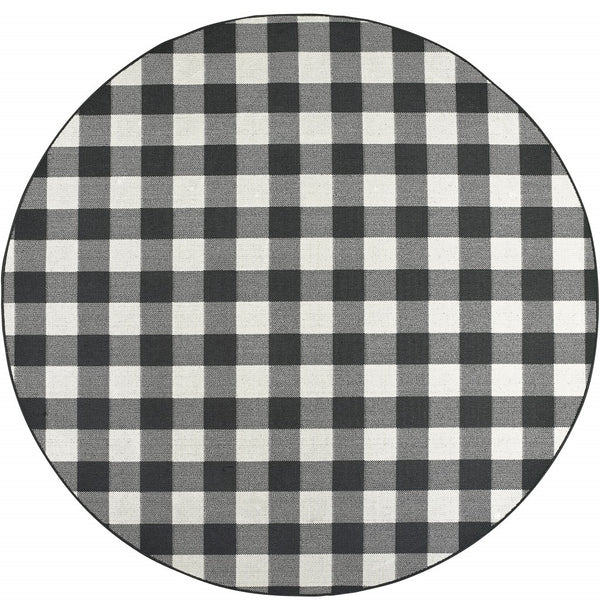 8? Round Black and Ivory Gingham Indoor Outdoor Area Rug