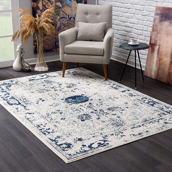 4? x 6? Navy Blue Distressed Floral Area Rug