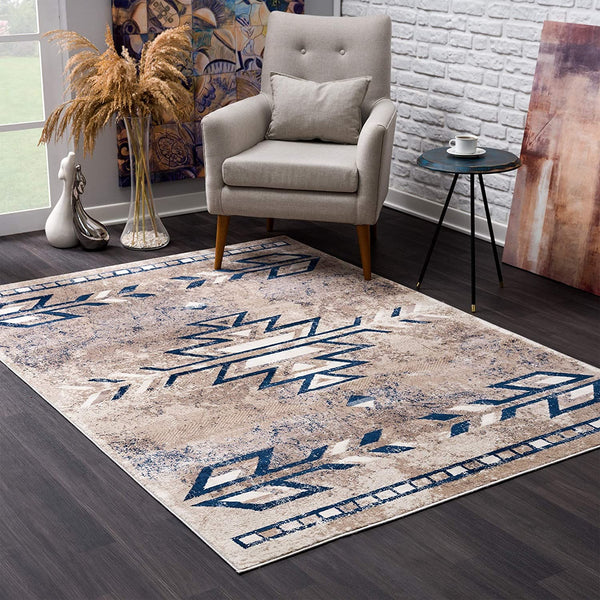 4? x 6? Beige and Blue Boho Chic Area Rug