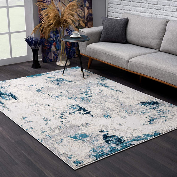 5? x 8? Blue and Ivory Abstract Strokes Area Rug