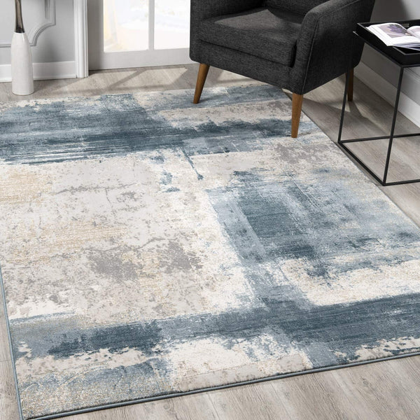 2? x 10? Cream and Blue Abstract Patches Runner Rug