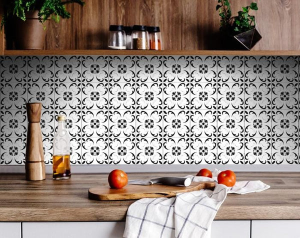 4" X 4" Black and White Delia Peel and Stick Removable Tiles