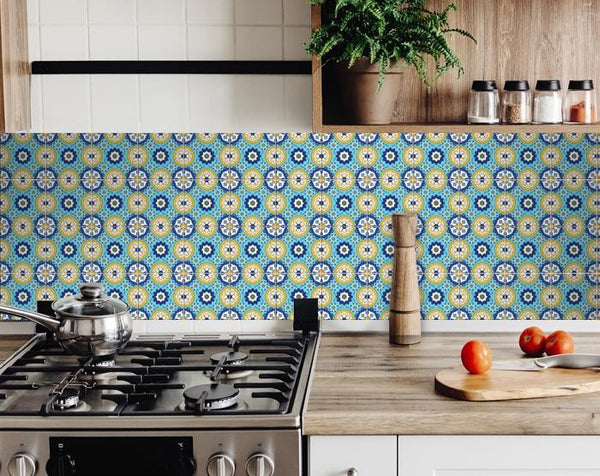 4" X 4" Aqua Floral Peel and Stick Removable Tiles