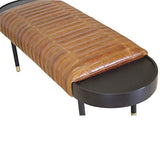 Warm Brown Leather and Solid Wood Bench