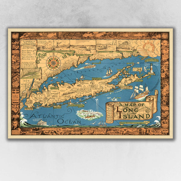 24" x 36" Vintage 1933 Map of Long Island Wall Art