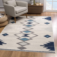 7? x 10? Navy and Ivory Tribal Pattern Area Rug