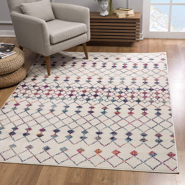 2? x 4? White Modern Geometric Grid Area Rug