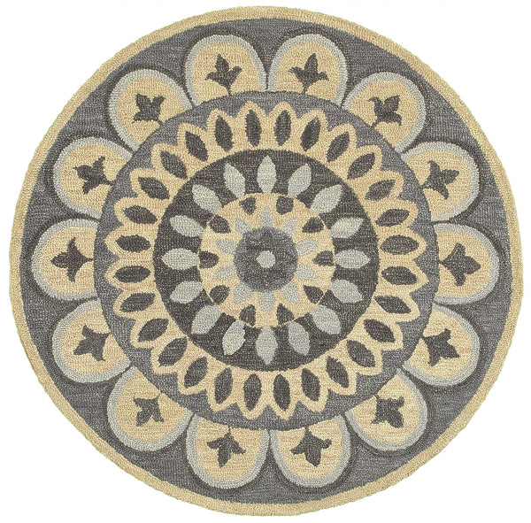 4? Round Gray Floral Bloom Area Rug