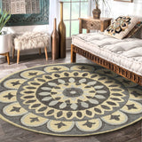 4? Round Gray Floral Bloom Area Rug