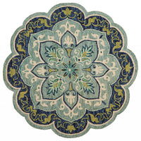 4? Round Blue Ornate Medallion Area Rug