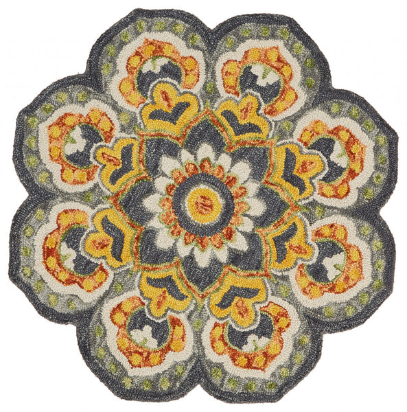 6? Round Gray and Gold Floret Area Rug