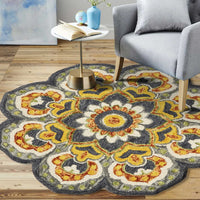 6? Round Gray and Gold Floret Area Rug