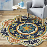 4? Round Ivory and Navy Decorative Area Rug