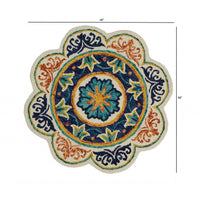 4? Round Ivory and Navy Decorative Area Rug