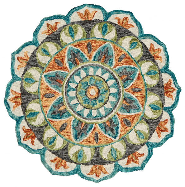 4? Round Blue and Orange Medallion Area Rug