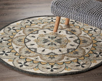 4? Round Gray and Ivory Floral Bloom Area Rug