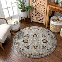 3? Round Blue and Beige Floral Area Rug