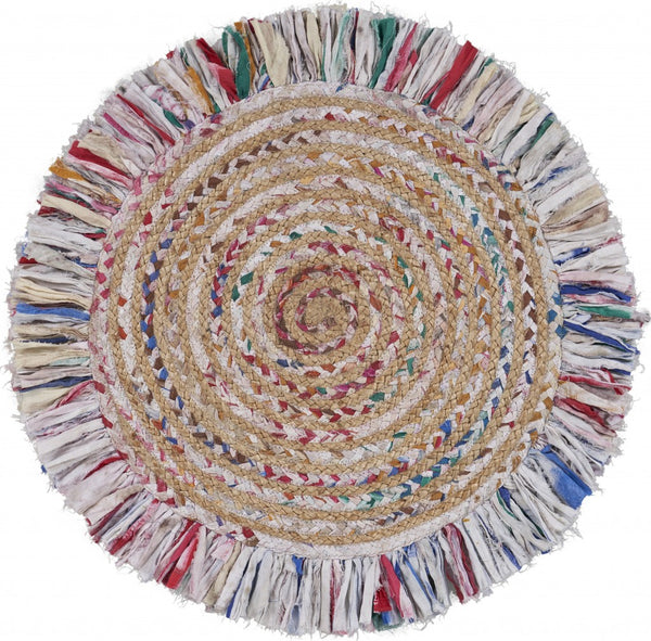 Bleached Multicolored Chindi and Natural Jute Fringed Round Rug