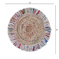 Bleached Multicolored Chindi and Natural Jute Fringed Round Rug