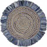 Denim and Natural Jute Round Swirl Fringed Rug