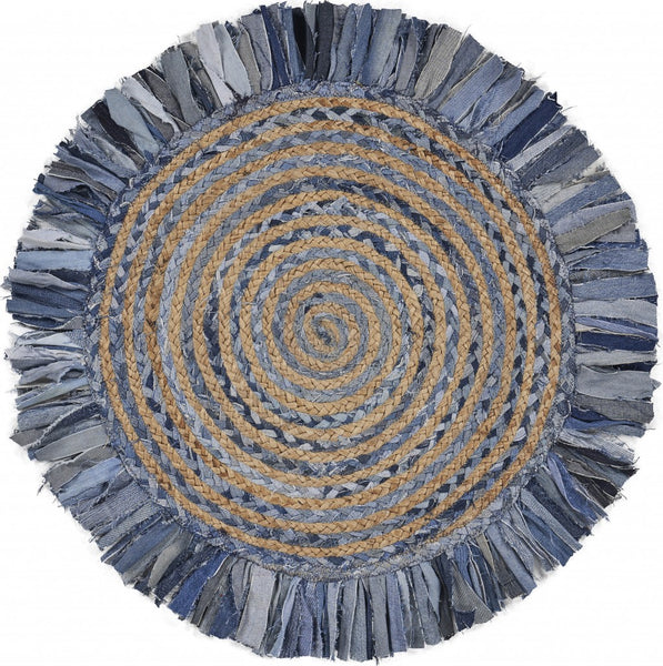 Denim and Natural Jute Round Swirl Fringed Rug