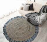 Denim and Natural Jute Round Swirl Fringed Rug