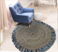 Denim and Natural Jute Round Swirl Fringed Rug